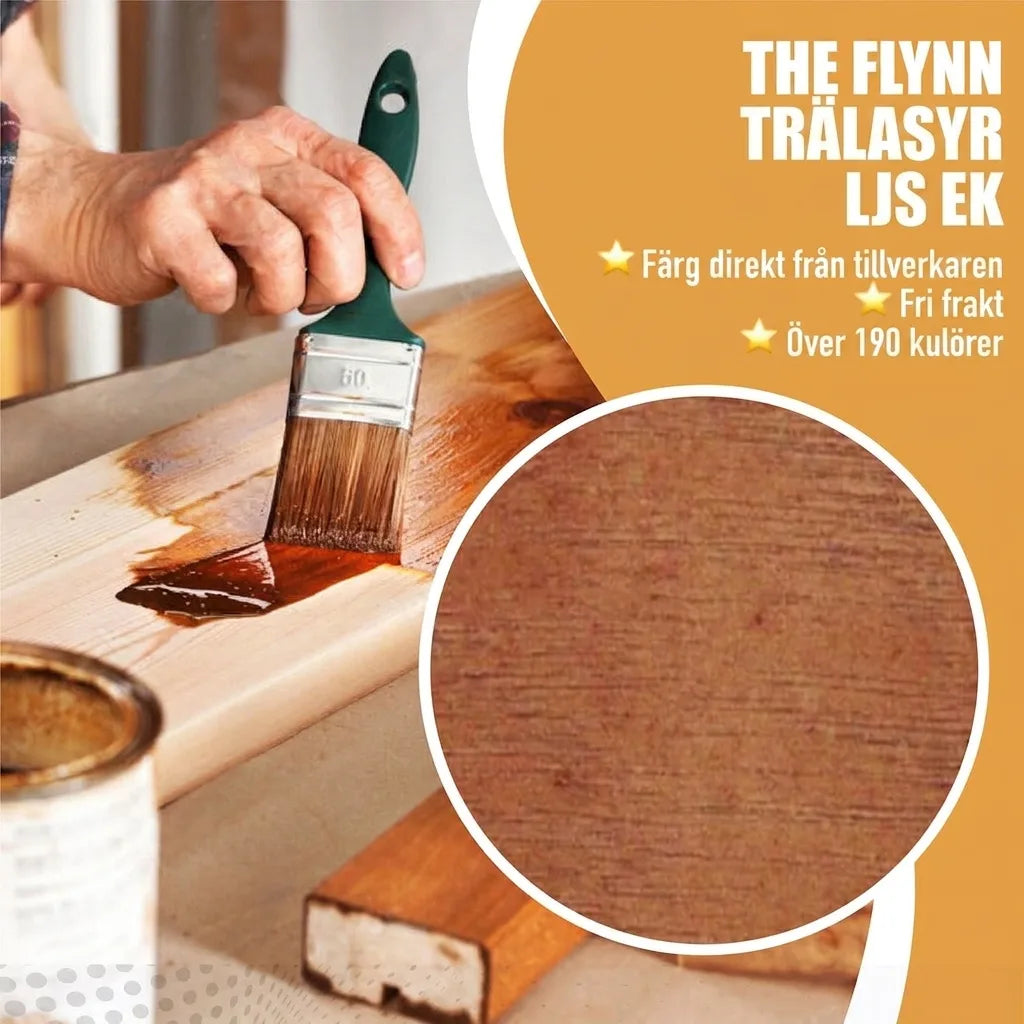 Person betsar trä med THE FLYNN trälasyr i ljus ek. Annons med text: direkt från tillverkaren, fri frakt, 190+ färger.