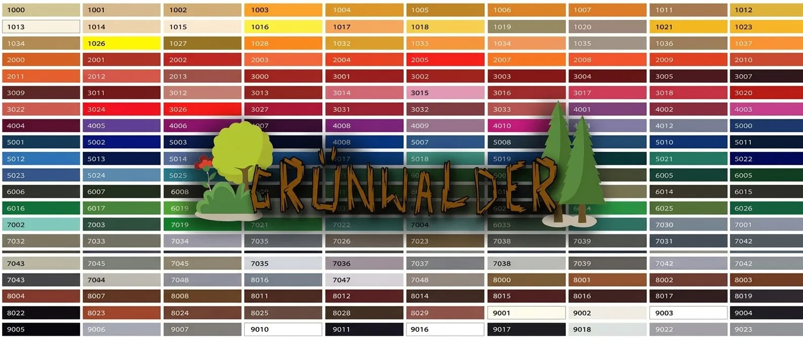 Cartella colori con codici tipo RAL e il testo tedesco prominente 'GRÜNWALDER' con illustrazioni di alberi e un cespuglio.