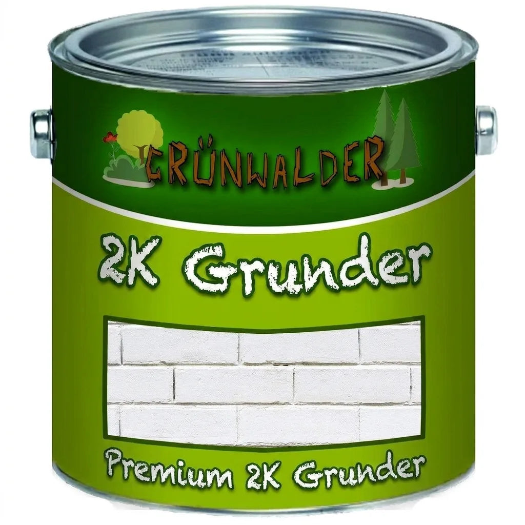 Grünwalder Premium 2K grunder i malingsdåse, der viser anvendelse på hvide mursten. Høj kvalitet grundmaling.