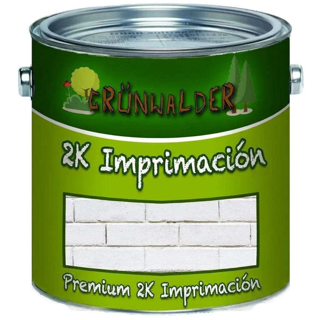 Bote de pintura verde con la marca Grünwalder, imprimación 2K premium y ladrillos blancos.