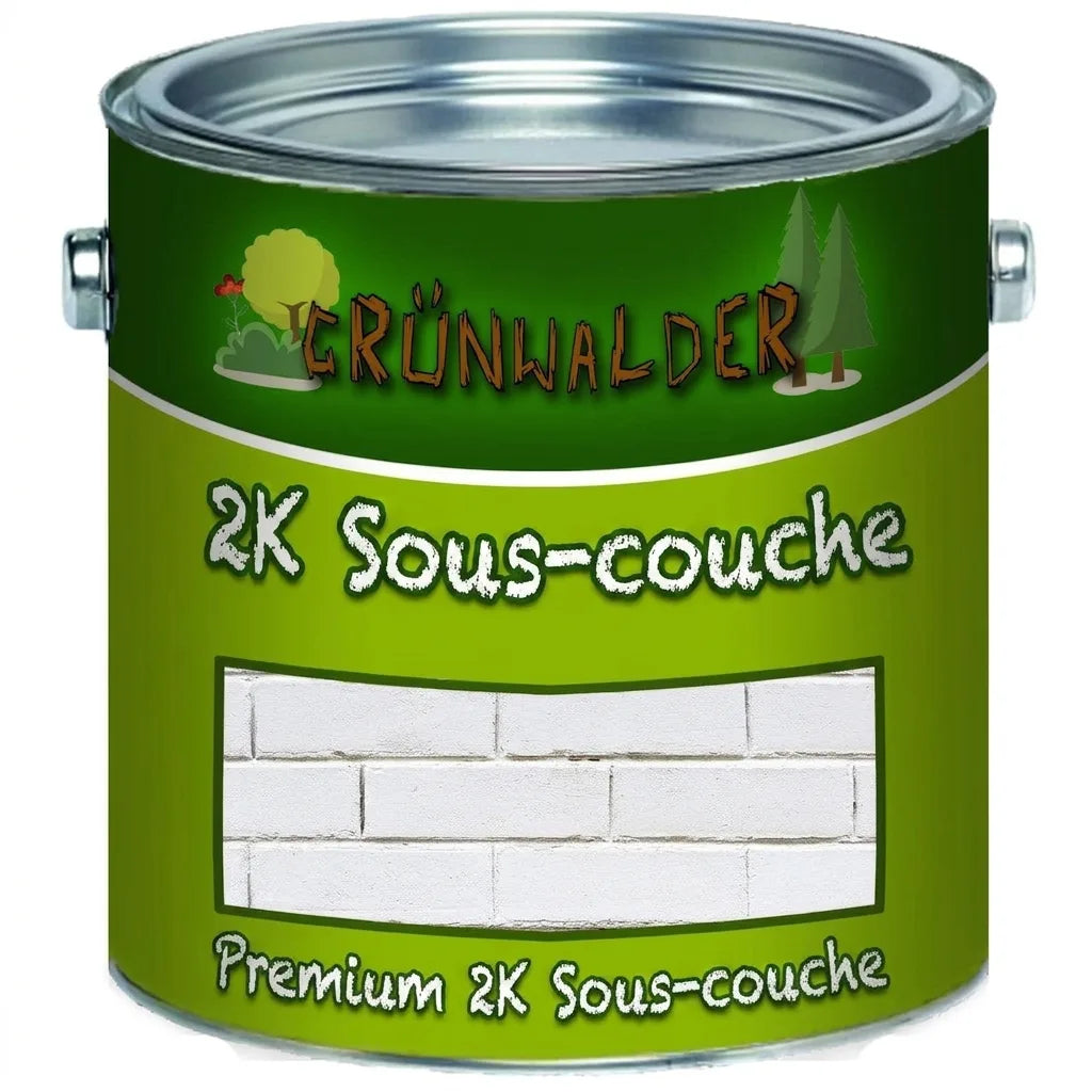 Pot de peinture vert Grünwalder 2K Grundierung (primaire bi-composant) avec échantillon de mur en briques blanches.