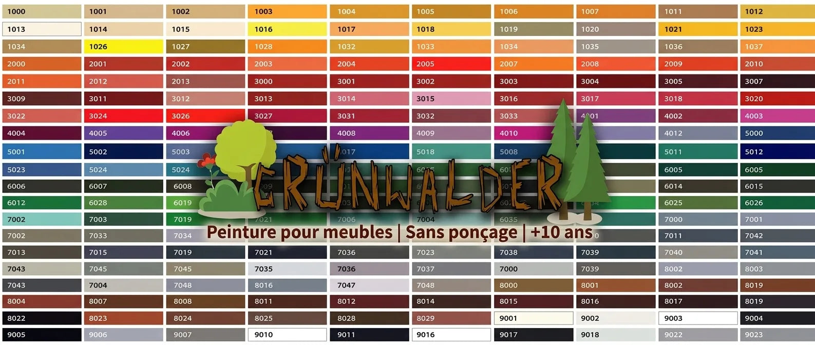 Nuancier de couleurs avec le texte allemand stylisé « GRÜNWALDER » et des illustrations d'arbres.