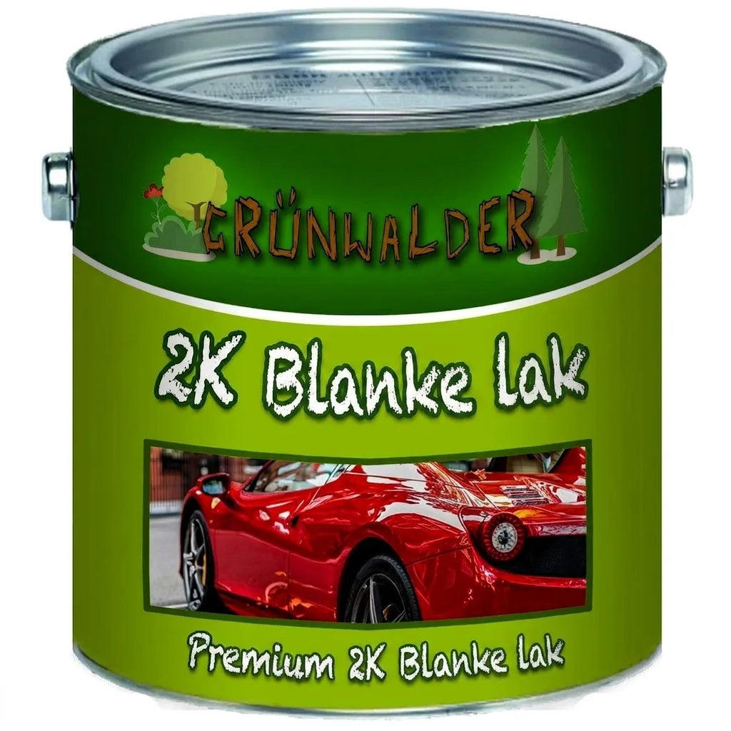 Grünwalder premium 2K blanke lak verfblik voor auto's, met afbeelding van rode sportwagen.