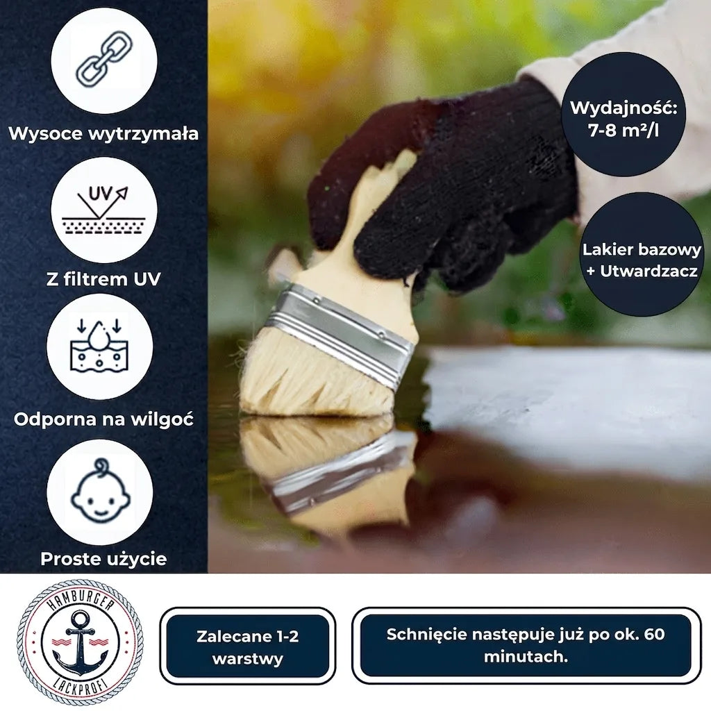 Osoba malująca drewno pędzlem. Opis produktu: wysoka trwałość, ochrona UV, odporność na wilgoć, łatwe użycie, szybkie schnięcie.