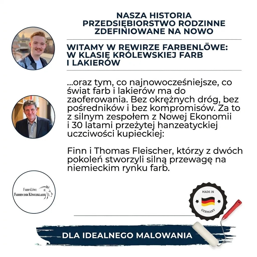 Farbenlöwe: rodzinna firma Finn i Thomas Fleischer. Farby i lakiery. Wyprodukowano w Niemczech.