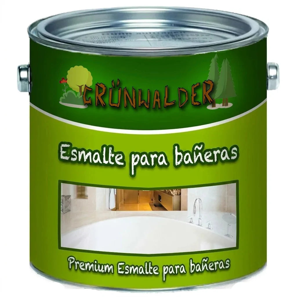 Lata de pintura premium Grünwalder para bañeras. Esmalte blanco para restaurar y proteger superficies de baño.
