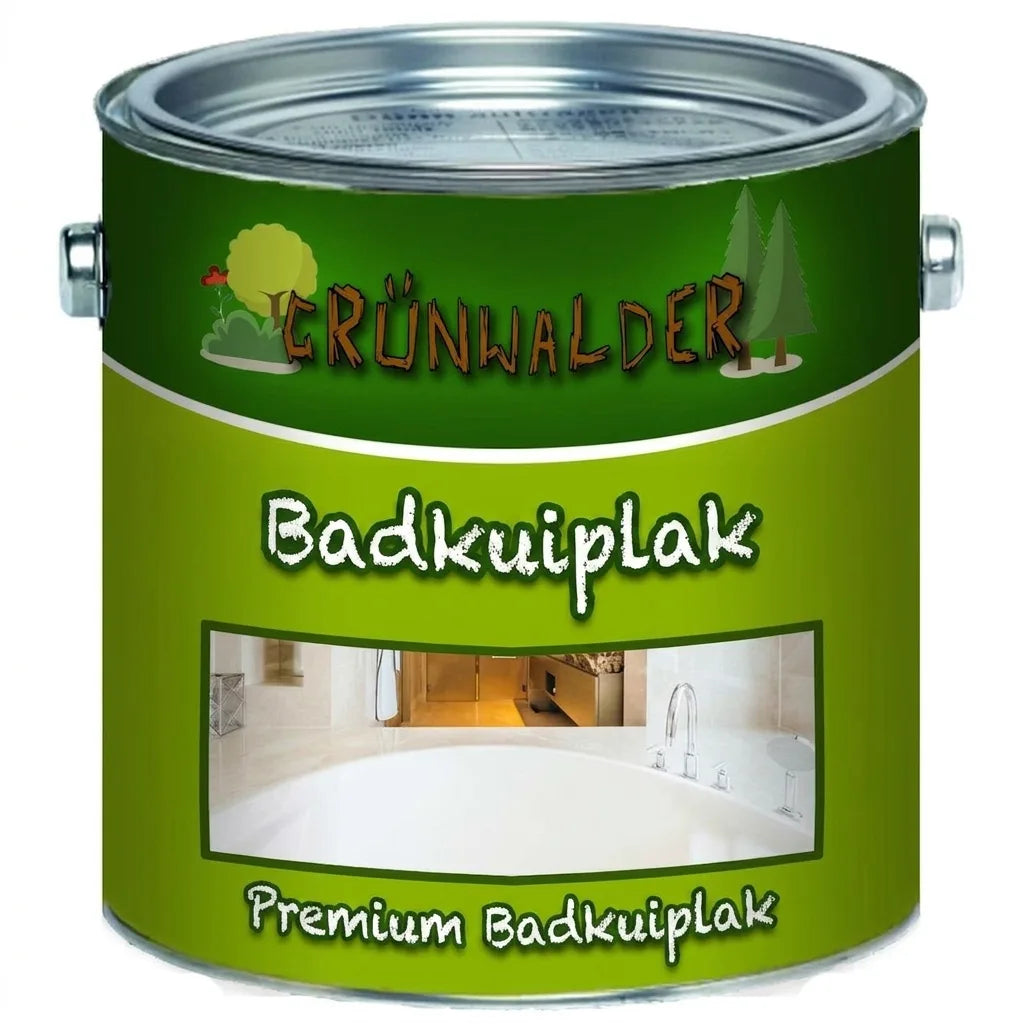 Groen verfblik met het opschrift 'Grünwalder Premium Badewannenlack' voor het renoveren van een badkuip.
