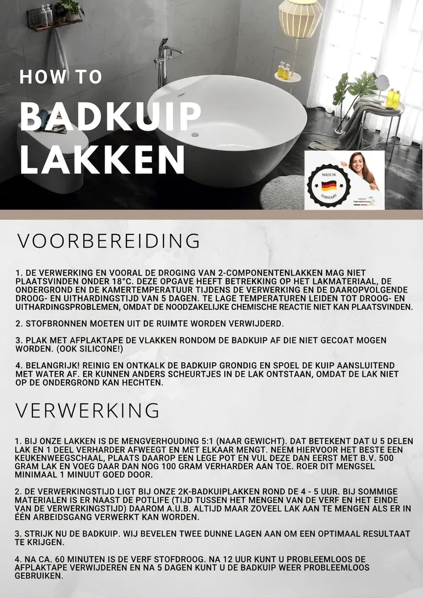 Instructies voor het schilderen van een badkuip in een moderne badkamer, inclusief voorbereiding en verwerking. Made in Germany.