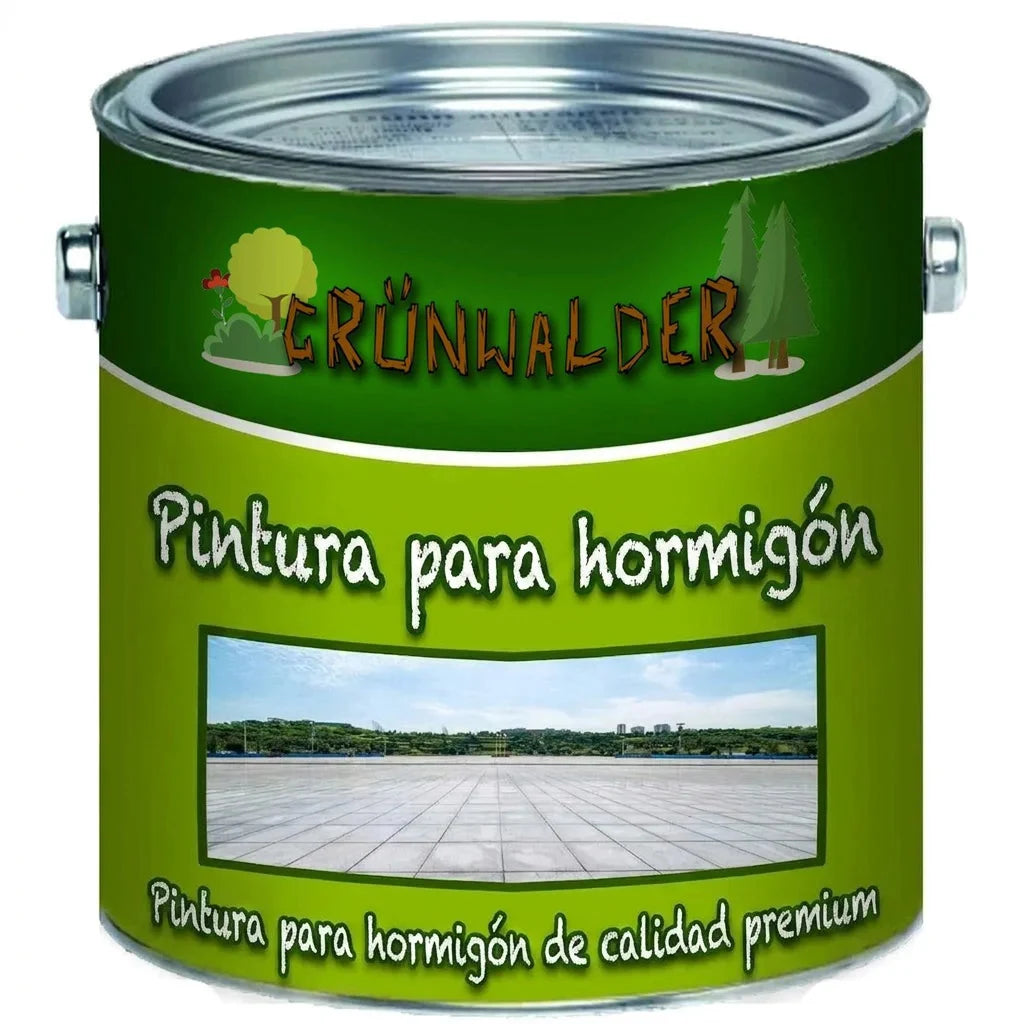 Bote de pintura verde Grünwalder, premium para hormigón, con imagen de superficie de concreto en la etiqueta.