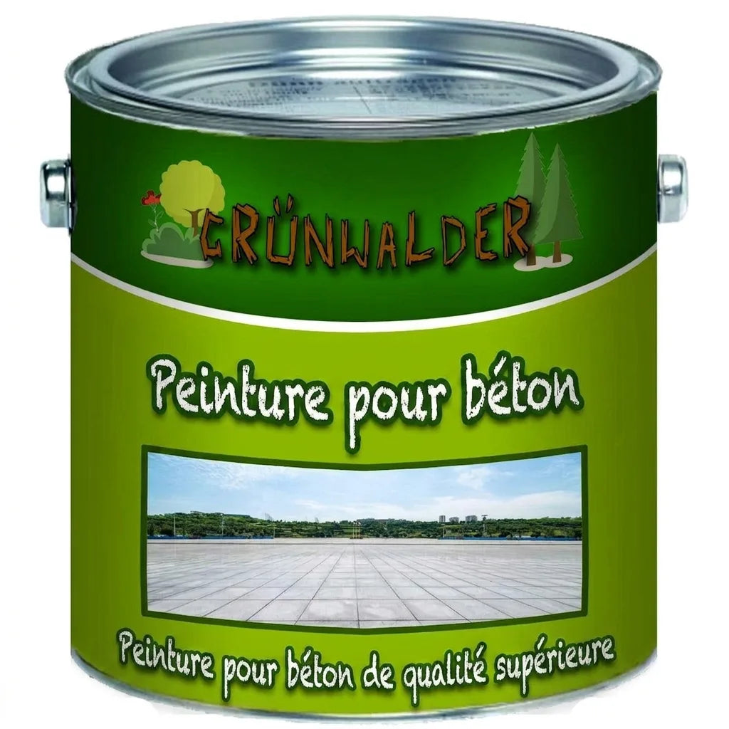 Pot de peinture pour béton Grünwalder, vert vif, avec texte 'Premium Betonfarbe' et illustration de surface en béton.