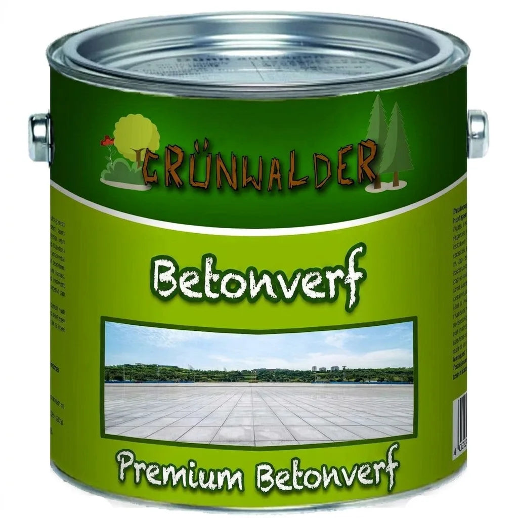 Groen Grünwalder verfblik met betonverf, 'Premium Betonfarbe' tekst en een afbeelding van een betonnen vloer.