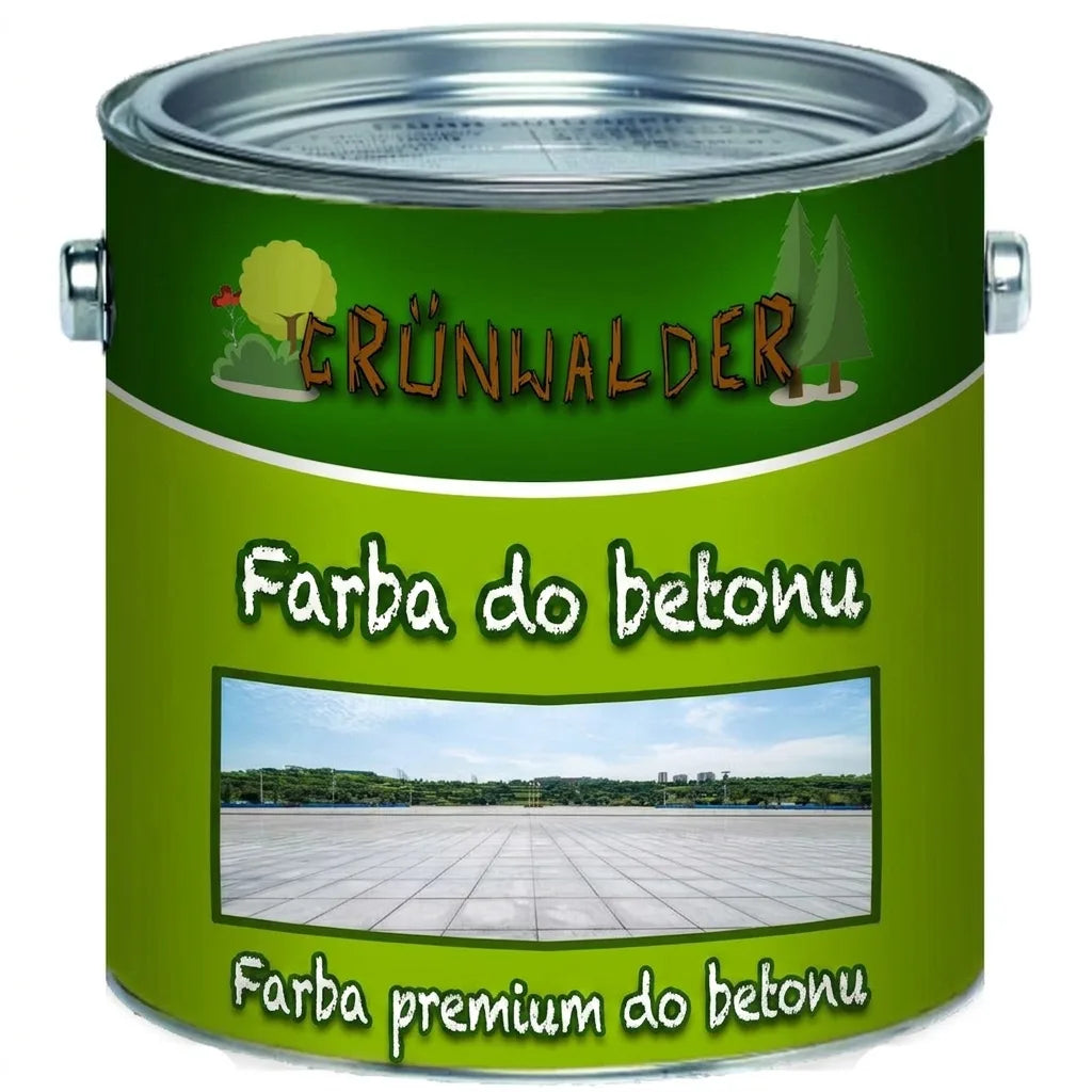 Puszka zielonej farby do betonu Grünwalder Premium Betonfarbe z obrazkiem posadzki betonowej.