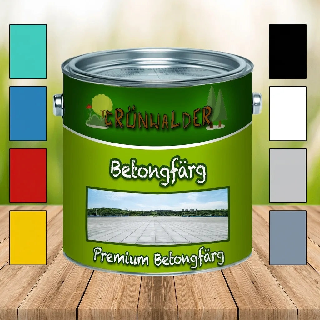 Grünwalder premium betongfärg i burk med olika färgprover.