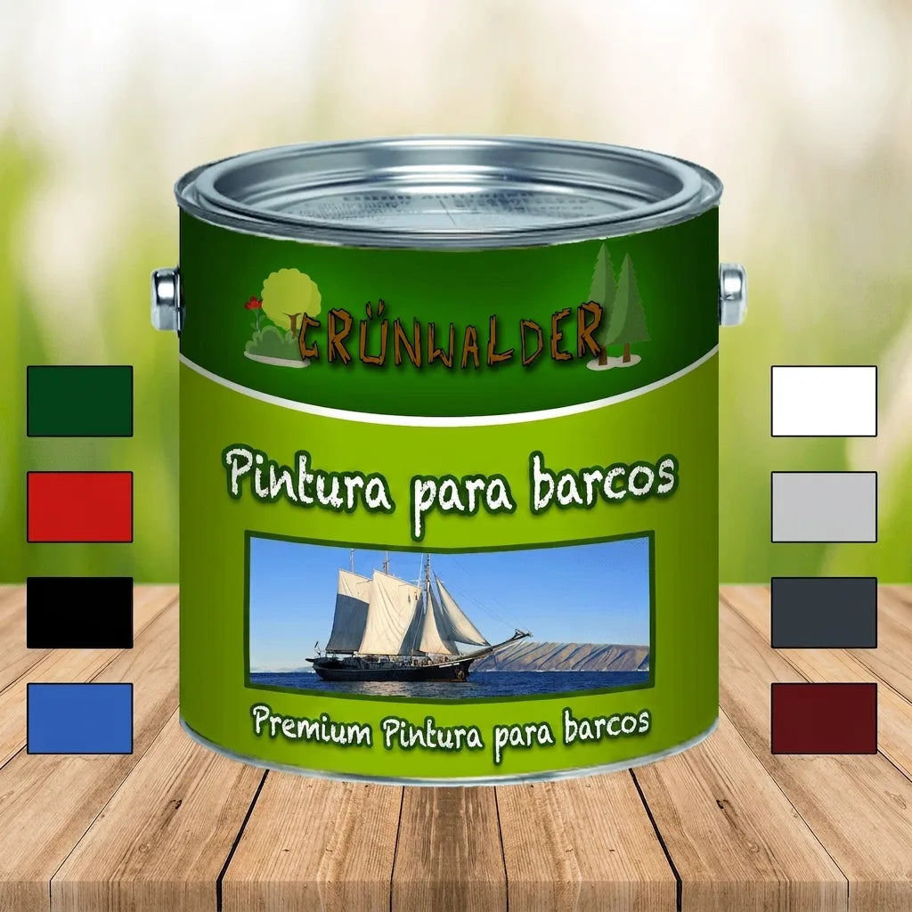 Bote de pintura verde GRÜNWALDER "Bootslack" para barcos con muestras de color y un velero.