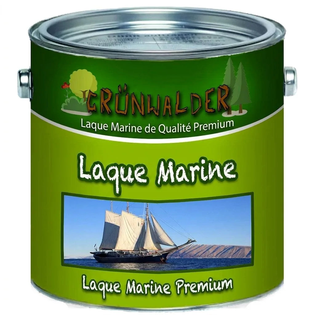Pot de vernis pour bateaux Grünwalder avec un voilier sur l'étiquette, texte 'Bootslack' en allemand.