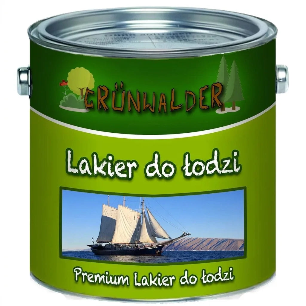 Puszka lakieru do łodzi Grünwalder Premium Bootslack z żaglówką na etykiecie.