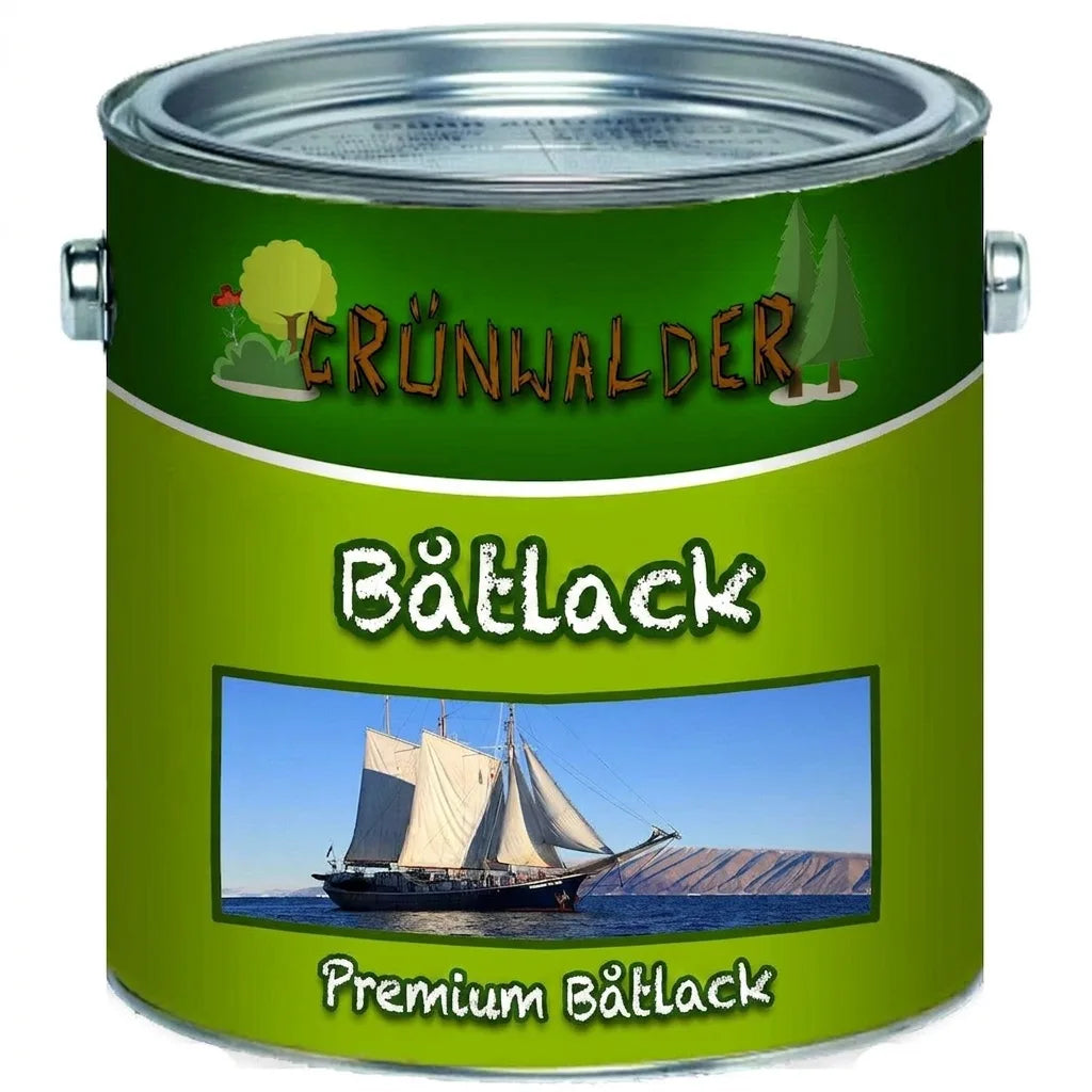 Grünwalder Premium Båtlack burk med segelbåt, högkvalitativ marin färg för båtar.