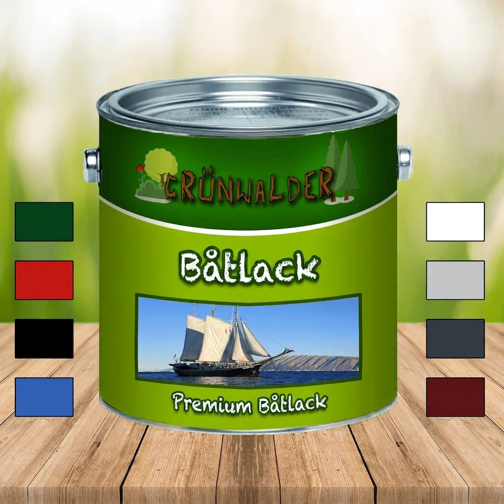 Grünwalder premium båtlack färgburk med segelbåt, visar färgprover för båtfärg.
