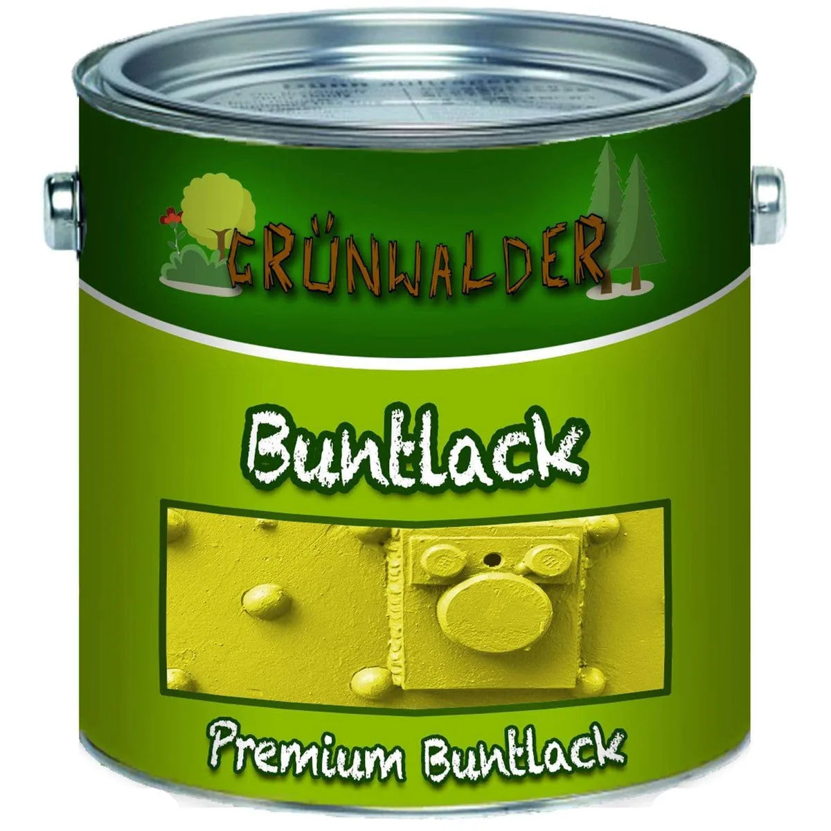 Bote de pintura verde con la marca Grünwalder y la descripción Buntlack (pintura de color) premium.
