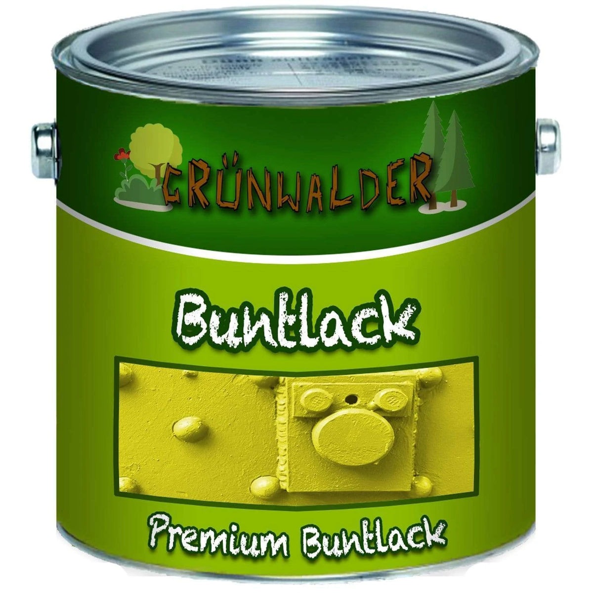 Pot de peinture vert "Grünwalder Buntlack" avec illustration de forêt et échantillon de peinture jaune.