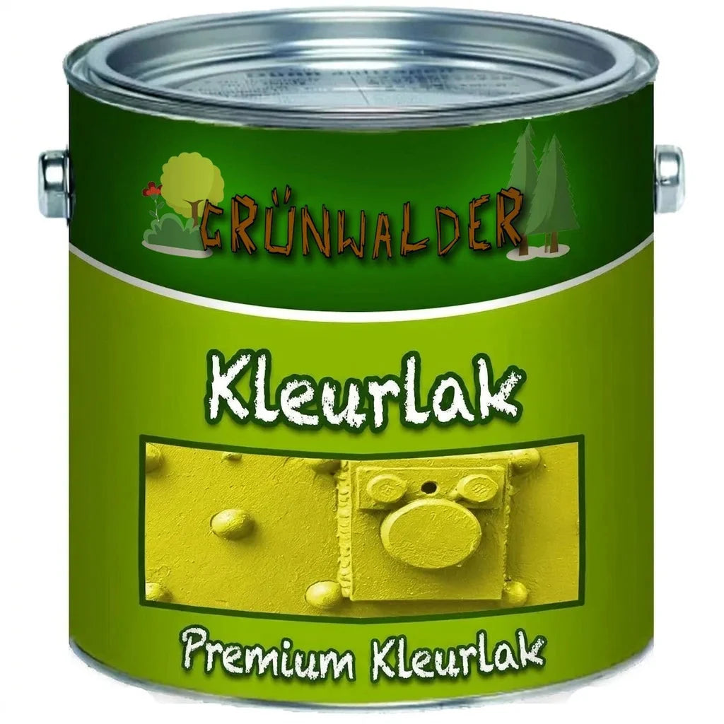 Grünwalder Premium Buntlack verfblik met gele/limegroene lak en productlabel. Geschikt voor metalen oppervlakken.