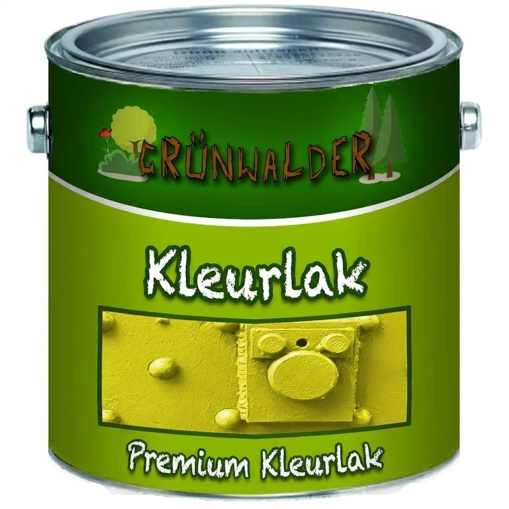 Grünwalder Premium Buntlack verfblik met gele/limegroene lak en productlabel. Geschikt voor metalen oppervlakken.