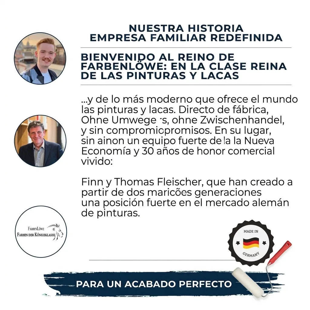 Historia de Farbenlöwe, negocio familiar de pinturas alemán. Presenta a los fundadores, filosofía y productos.
