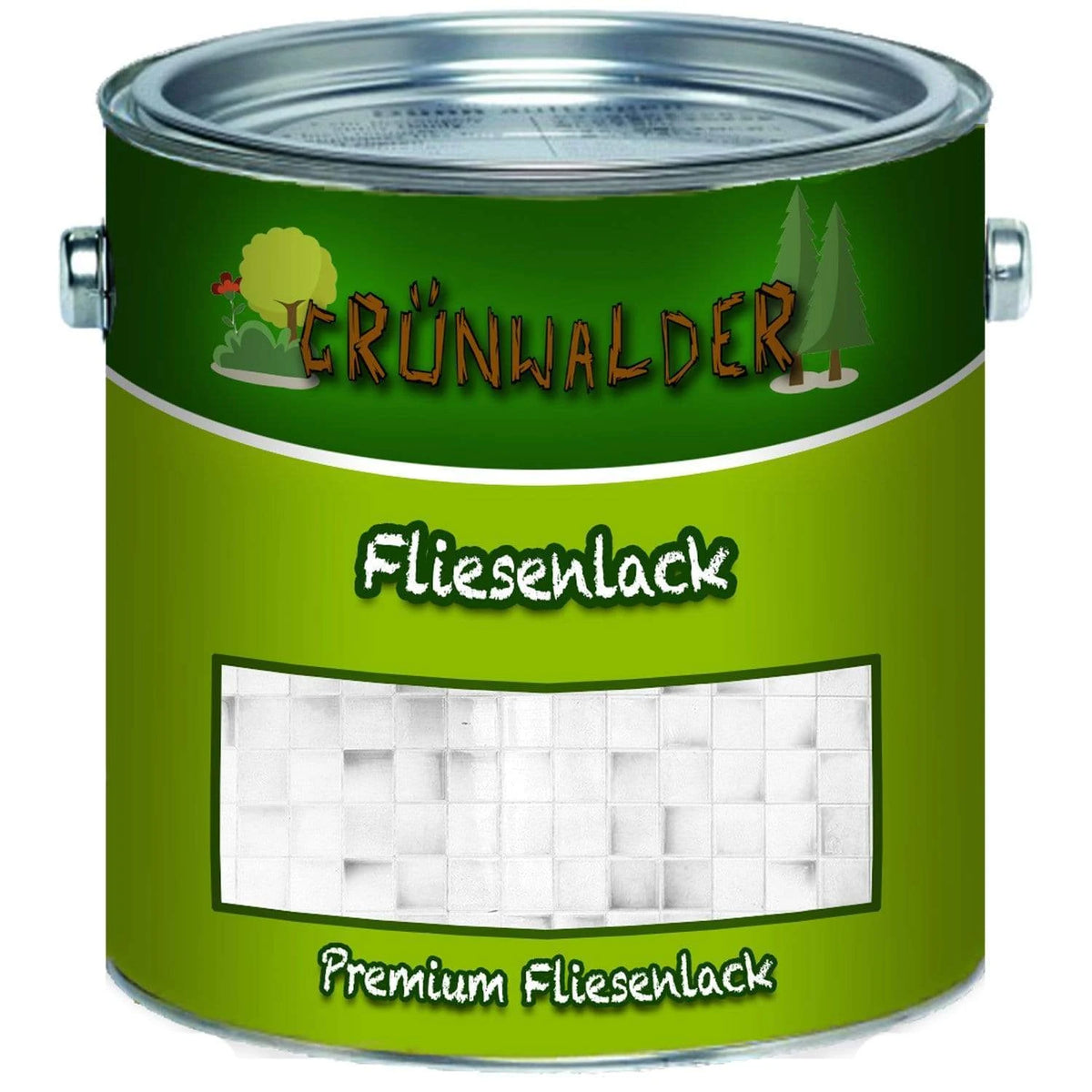 Pot de peinture vert "GRÜNWALDER Fliesenlack" pour carrelage, avec illustration de forêt.