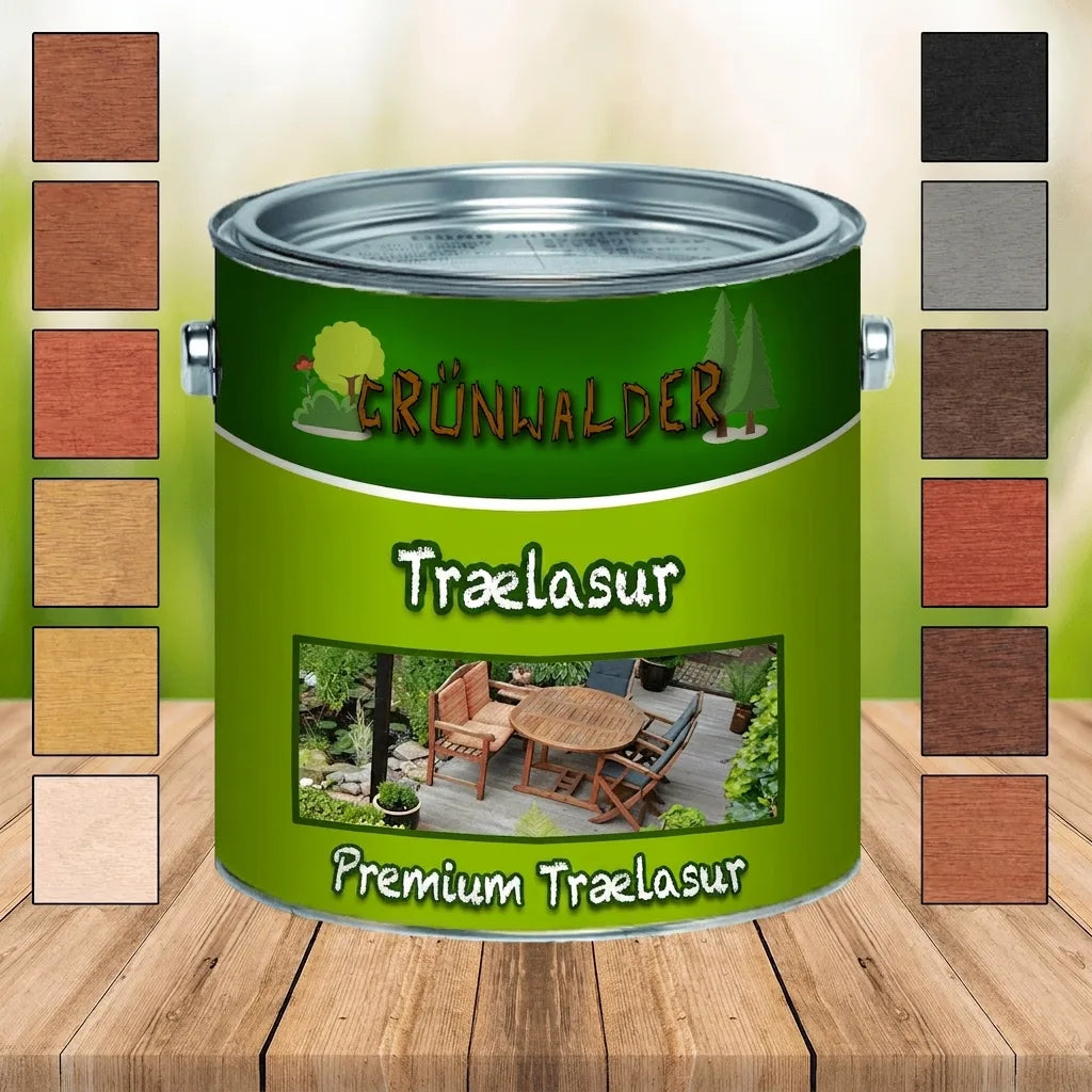 Grünwalder trælasur dåse med farveprøver og billeder af bejdsede havemøbler på træbord.