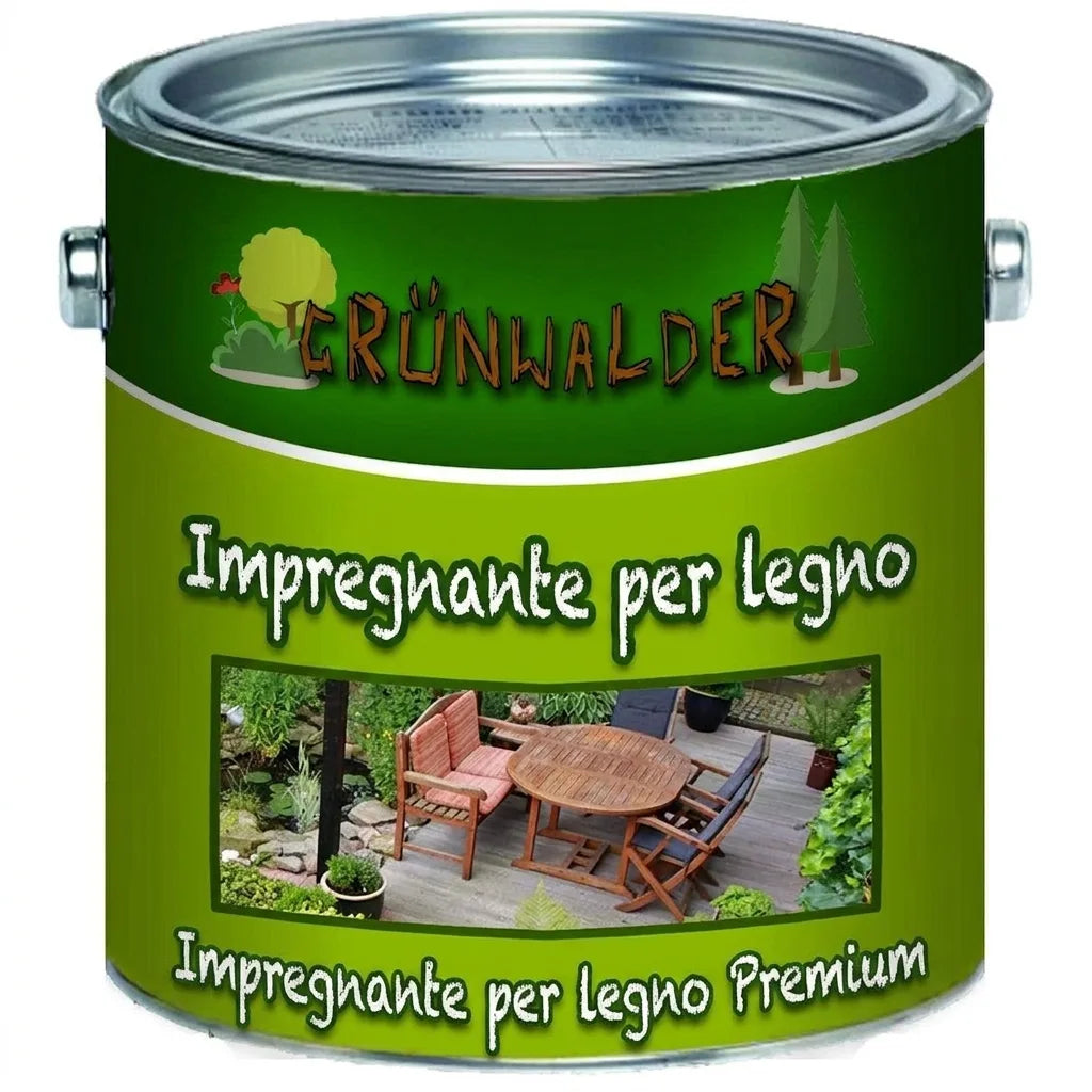 Lattina di impregnante legno Grünwalder Premium Holzlasur con illustrazione di mobili da esterno.