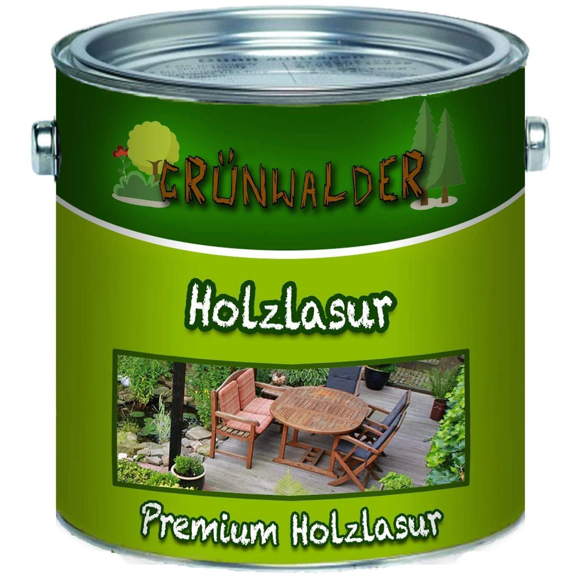 Groen verfblik "GRÜNWALDER Holzlasur" met afbeelding van houten tuinmeubelen op terras. "Premium Holzlasur".