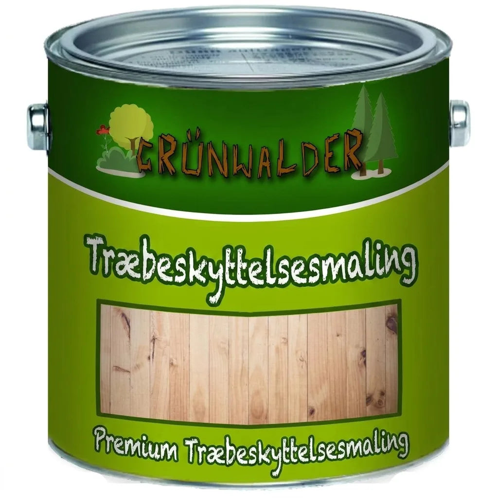 Grünwalder Premium træbeskyttelsesmaling i lysebrun træfarve. En malerbøtte med træbeskyttelse.