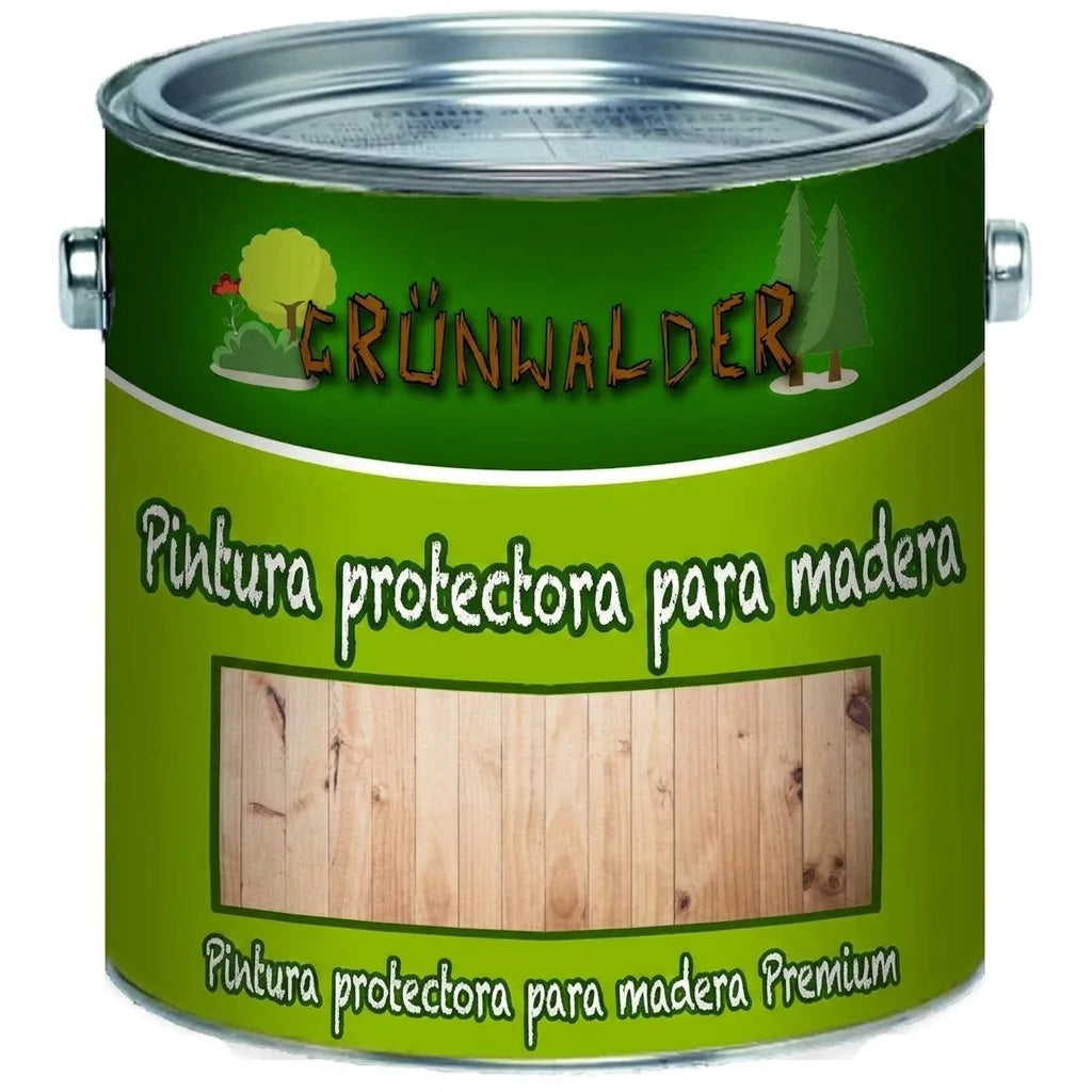 Lata de pintura verde Grünwalder con texto 'Holzschutzfarbe' y 'Premium Holzschutzfarbe', mostrando un panel de madera.