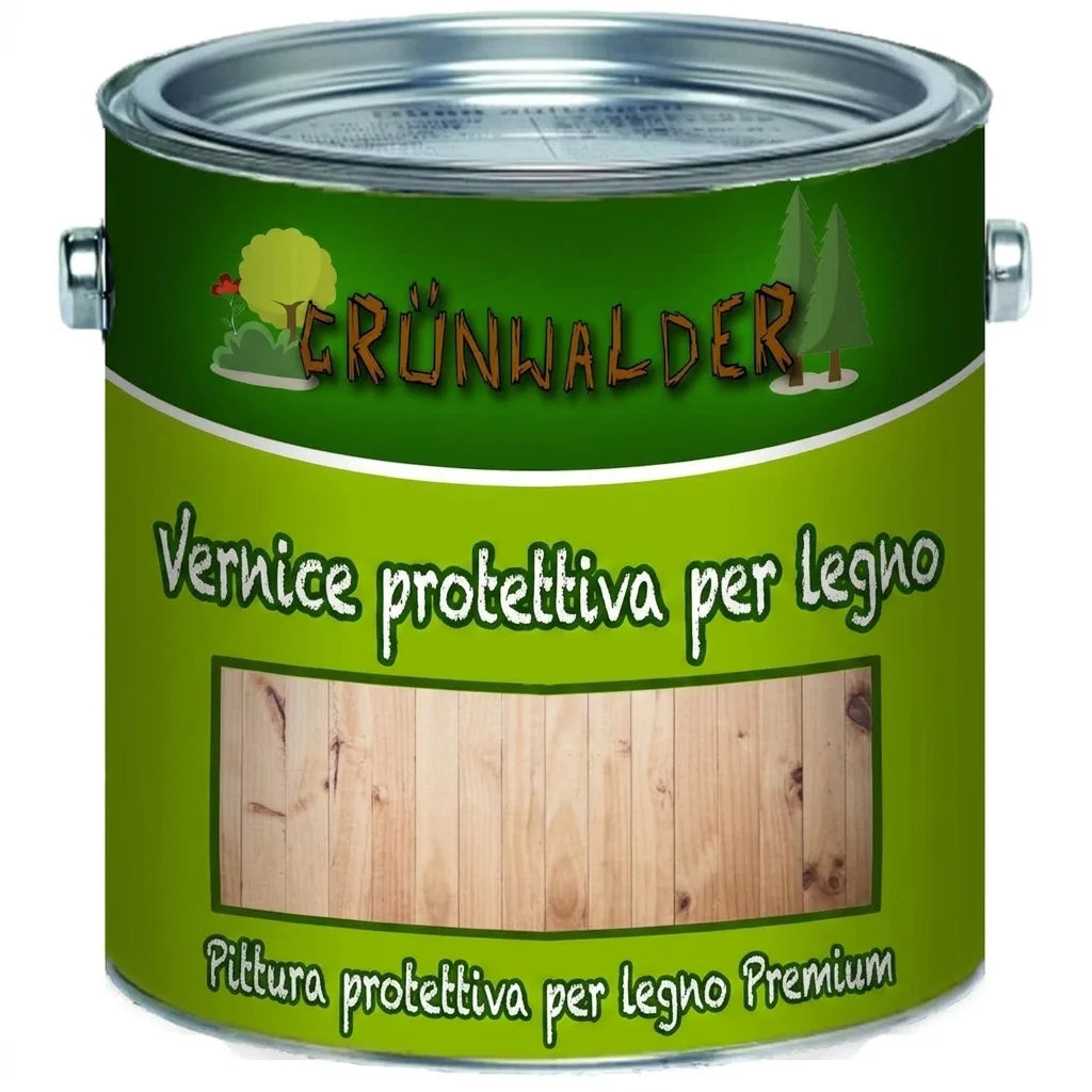 Barattolo di vernice protettiva premium per legno Grünwalder, con finitura effetto legno naturale.