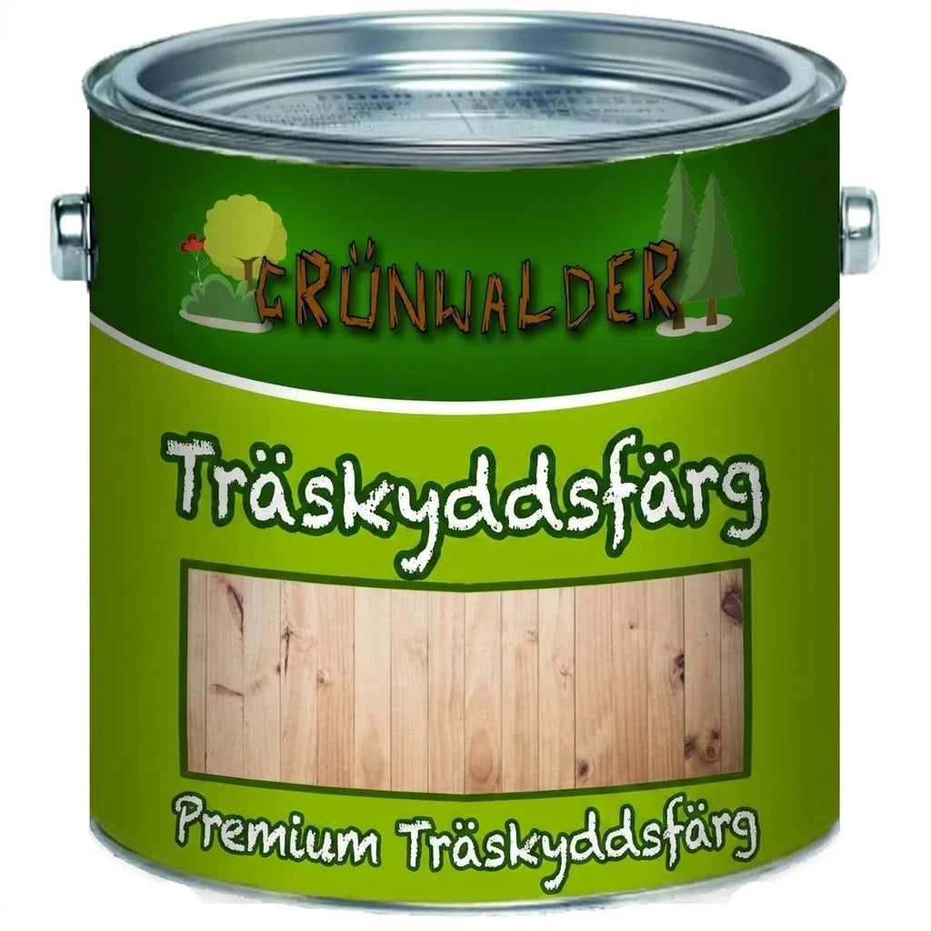 Grünwalder Premium Träskyddsfärg i grön burk, naturlig träfärg på etiketten.