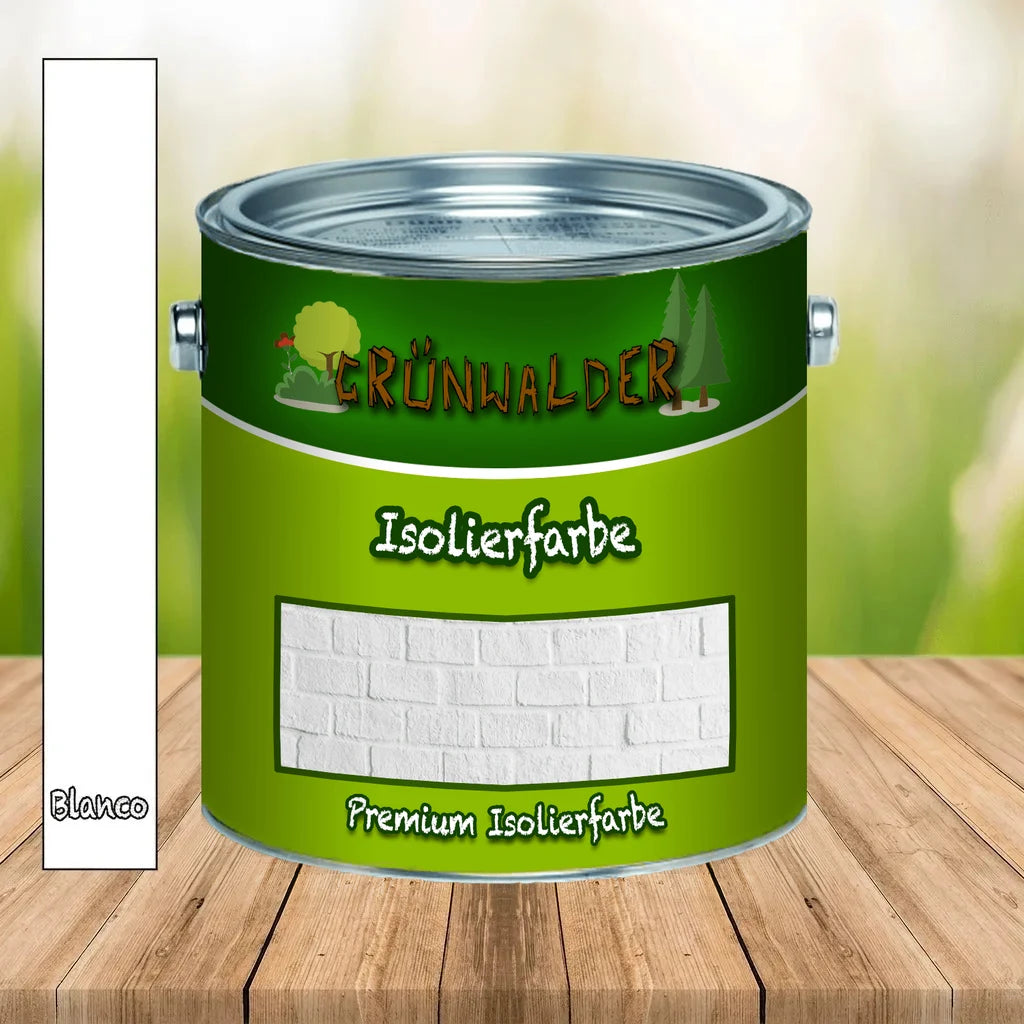 Bote de pintura "GRÜNWALDER" "Isolierfarbe" blanco sobre mesa de madera.