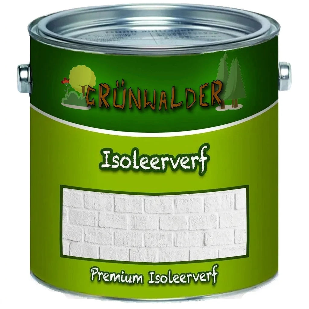 Groen blik met Grünwalder isolerende verf, toont witte baksteen textuur als voorbeeld van het resultaat.
