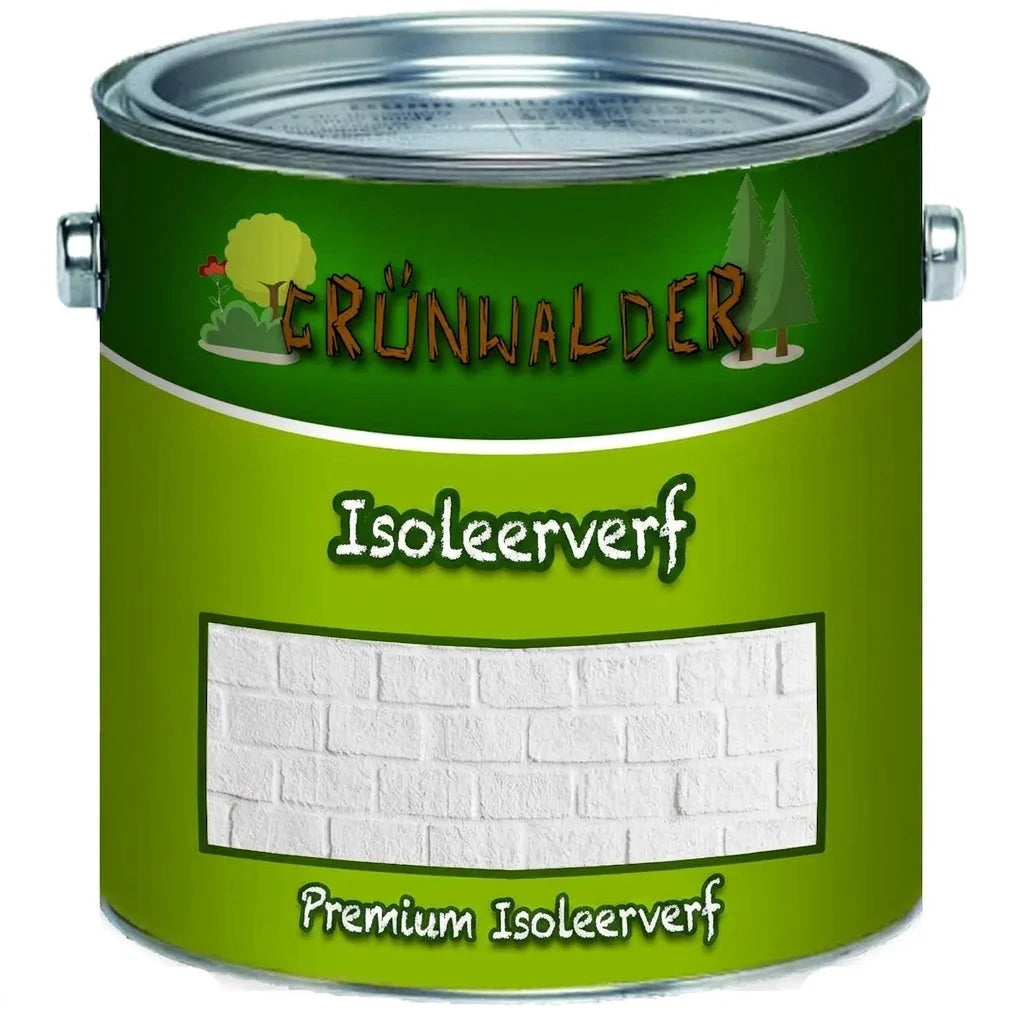 Groen blik met Grünwalder isolerende verf, toont witte baksteen textuur als voorbeeld van het resultaat.