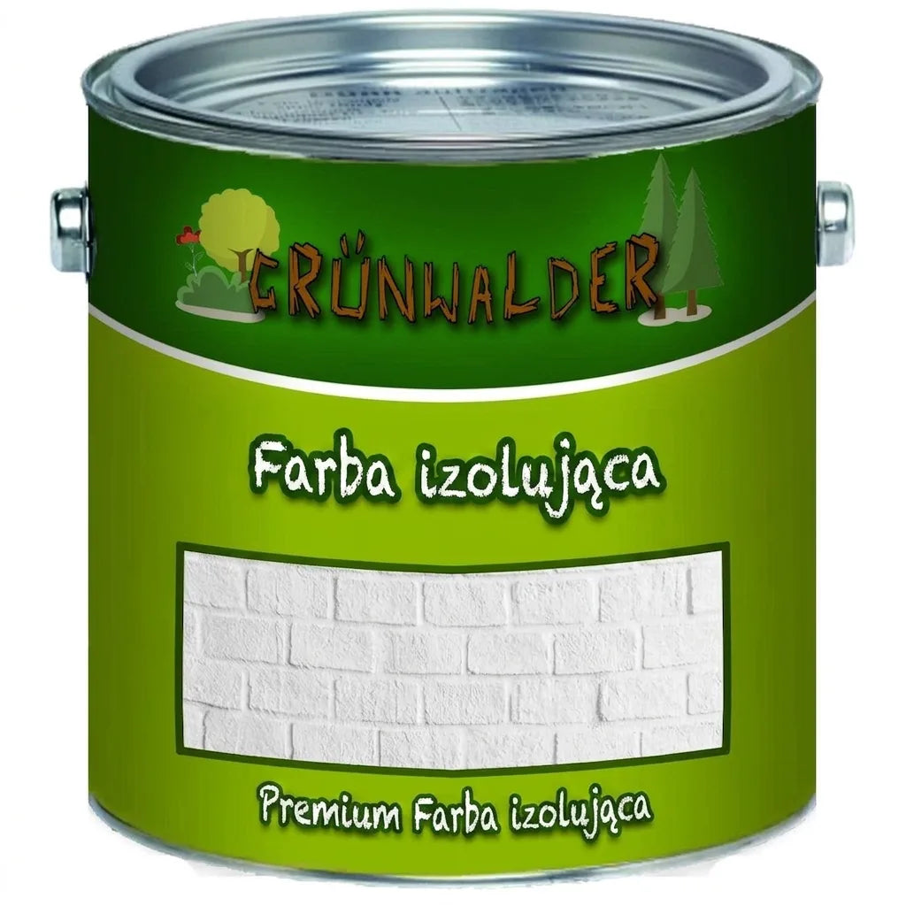Zielona puszka farby izolacyjnej GRÜNWALDER Premium, z ilustracjami drzew i teksturą białej cegły.
