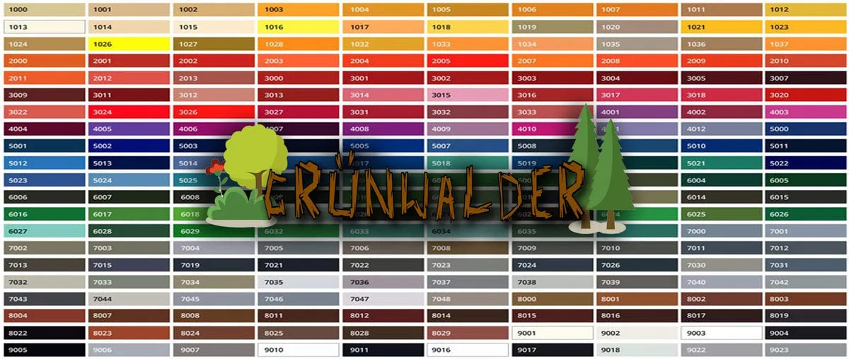 Cartella colori con codici numerici (tipo RAL), tonalità dal beige al nero, con logo Grünwalder e alberi stilizzati.