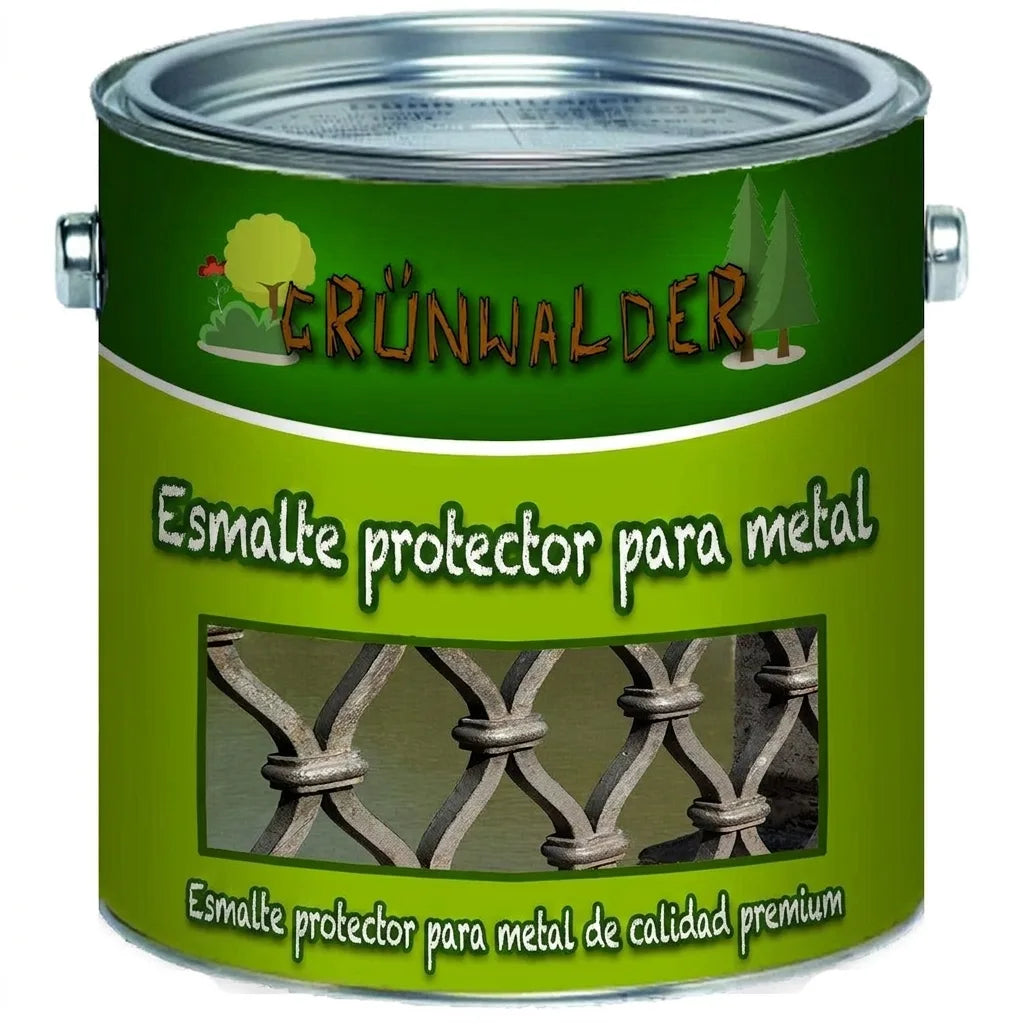 Lata de pintura premium para metal Grünwalder con texto 'Metallschutzlack' en alemán.