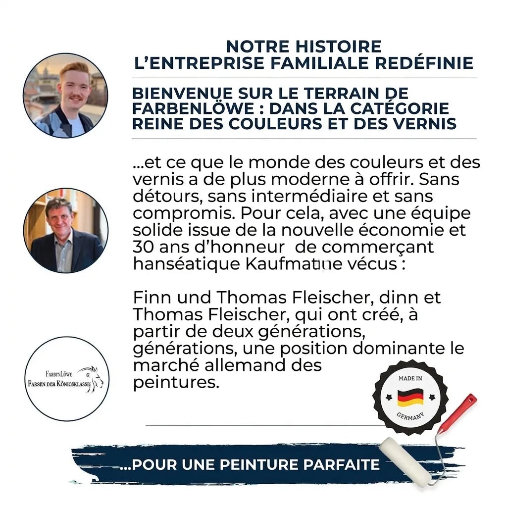 Présentation de l'entreprise familiale FarbenLöwe et de son offre de peintures et laques de qualité supérieure.
