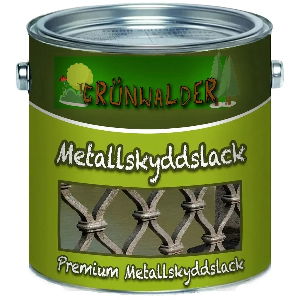 Grünwalder Premium metallskyddslack i burk med bild av ett metallstaket.