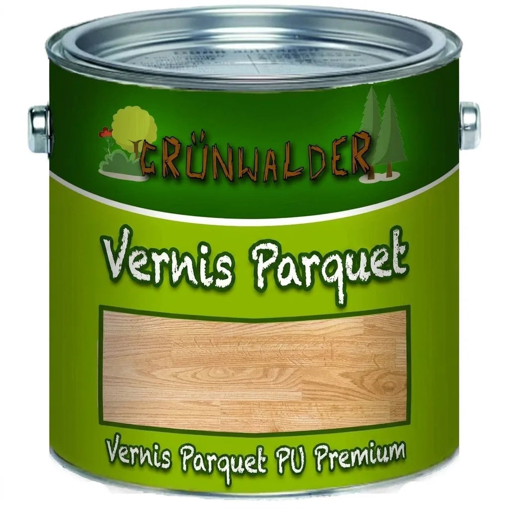 Pot de vernis à parquet Grünwalder Premium PU avec illustration de bois clair.