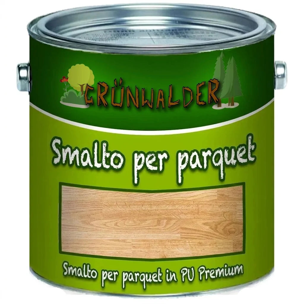 Lattina di vernice verde Grünwalder Premium PU per parquet, con campioncino texture legno.