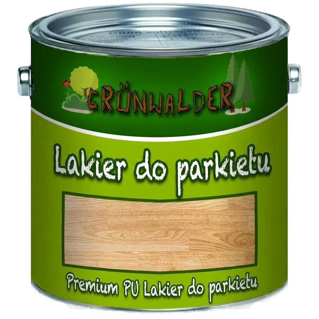 Zielona puszka lakieru do parkietu Grünwalder Premium PU z wizualizacją podłogi drewnianej.