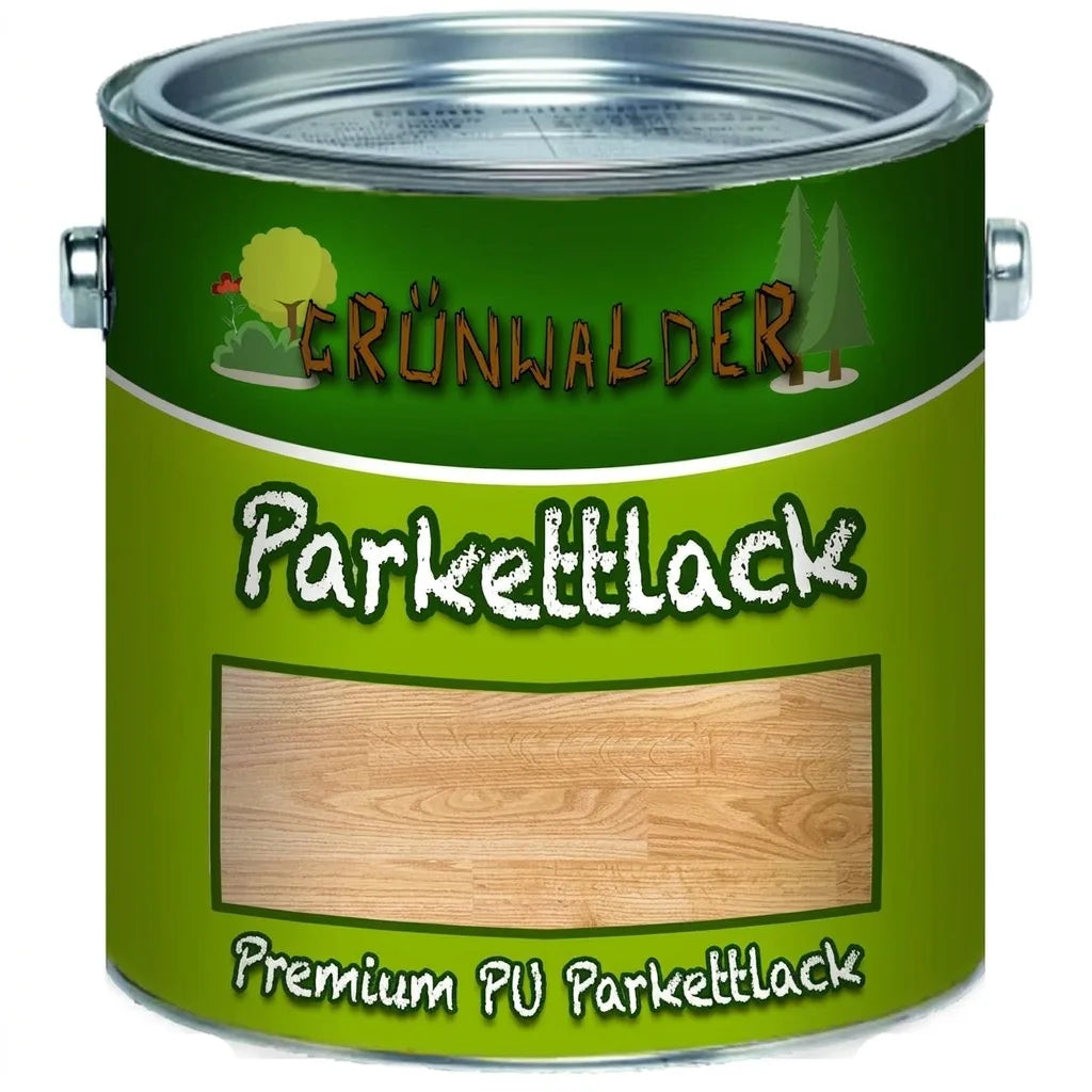 Grünwalder Premium PU Parkettlack, en burk golvlack med en trägolvsmönster på etiketten.