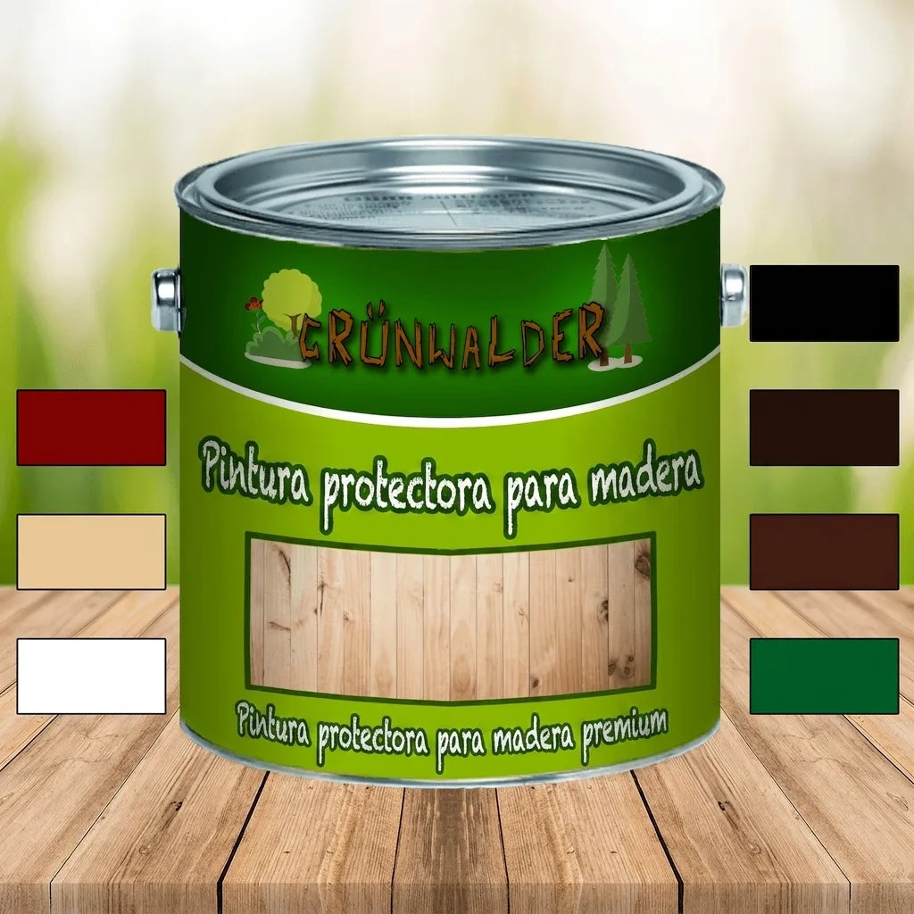 Pintura protectora de madera Grünwalder en lata verde, con opciones de color y fondo natural.