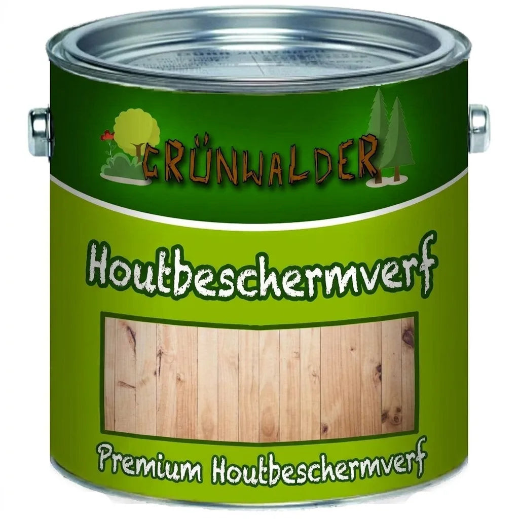 Groen Grünwalder verfblik met label voor premium houtbeschermingsverf, met afbeelding van hout en bomen.