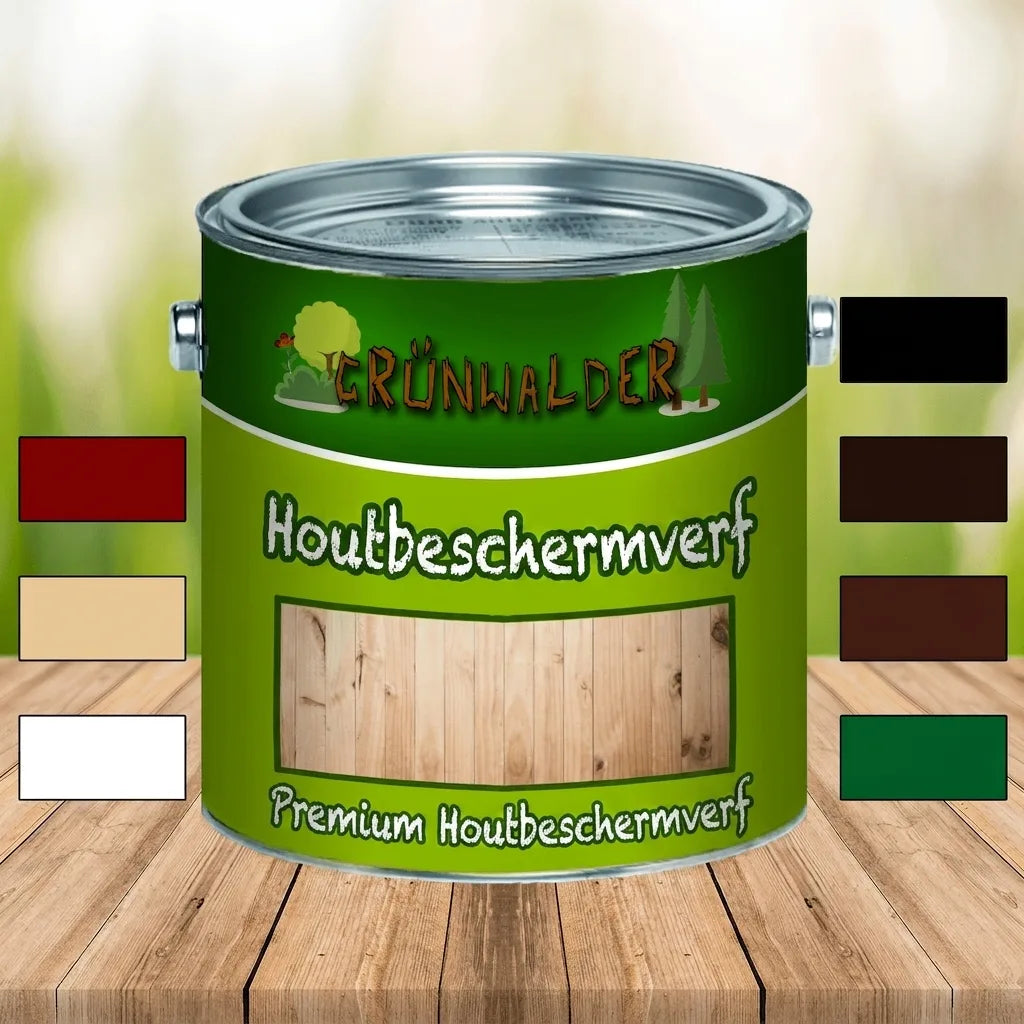 Grünwalder Premium Houtbeschermingsverf blik met kleurstalen, staand op een houten tafel.